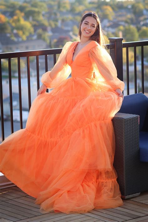 Orange Tulle Gown With Deep V Neck, Corset Tulle Dress, Party Wear Gown