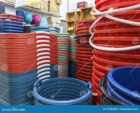 types  plastic baskets  sold  convenience stock image