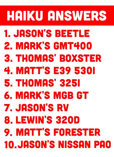 Buckle Up, It's Time For Another Car Haiku Quiz Featuring Our Actual ...