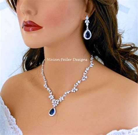 Blue Wedding Jewelry Set Necklace and Earrings SAPPHIRE BLUE Cubic ...