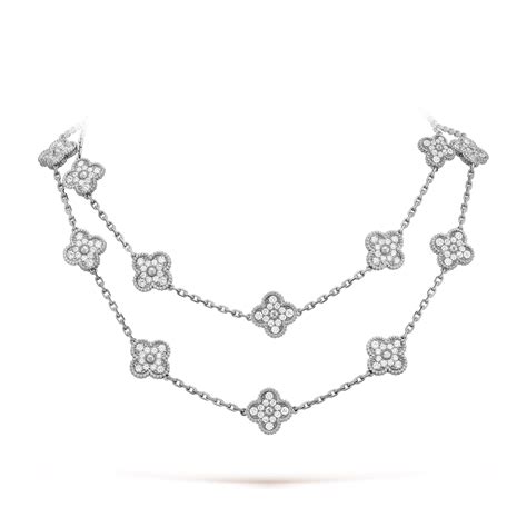 Vintage Alhambra long necklace, 20 motifs 18K white gold, Diamond - Van