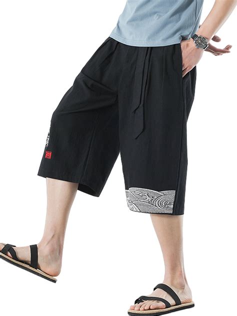 Niuer Mens Casual Straight Wide Leg Capri Pants Breathable Summer Beach Shorts Linen Cotton 3/4 ...