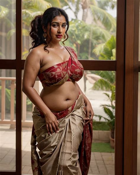 sexy curvy indian bhabhi standing wearing saree boobies seaart ai