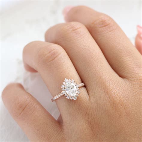 oval cut lab grown diamond engagement ring gold cluster halo pave band