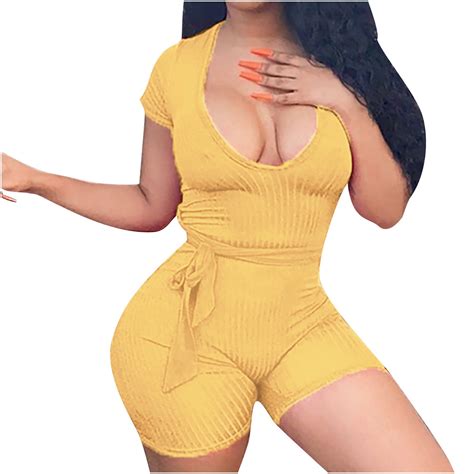 Short Sleeve Jumpsuit for Women Scoop Neck Stretchy Ribbed Rompers