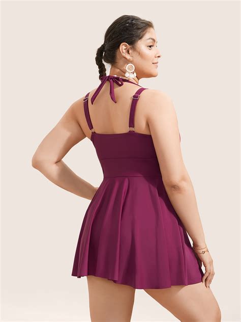 Solid Ruffle Hem Empire Waist Halter Neck Swim Dress – BloomChic