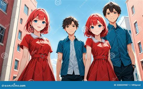 group   anime characters outdoors vibrant illustration stock