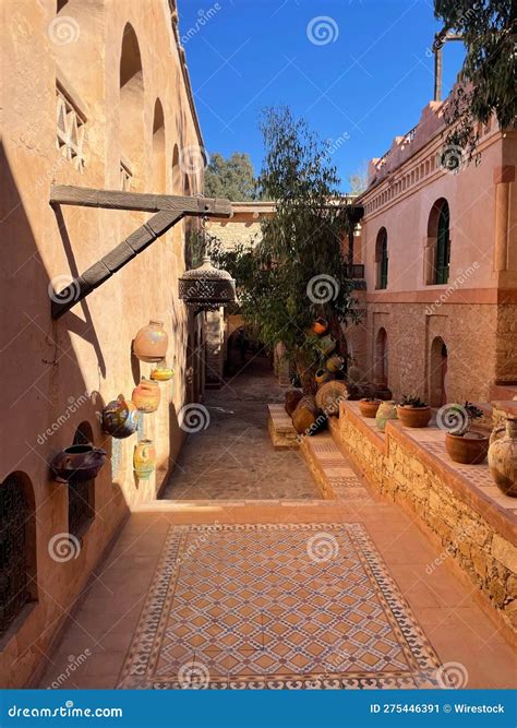 Vibrant Alleyway with a Detailed Mosaic Tile Floor. Morocco Stock