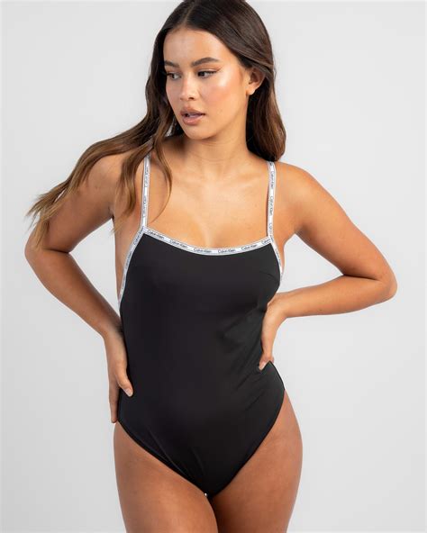 Shop Calvin Klein Core Logo Tape Square Neck One Piece Swimsuit In Pvh