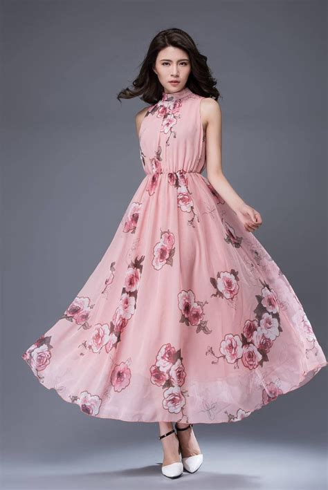 Pink print chiffon dress bridesmaid chiffon dress flower | Etsy