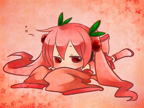 chibi hatsune miku red eyes red hair sakura miku twintails vocaloid