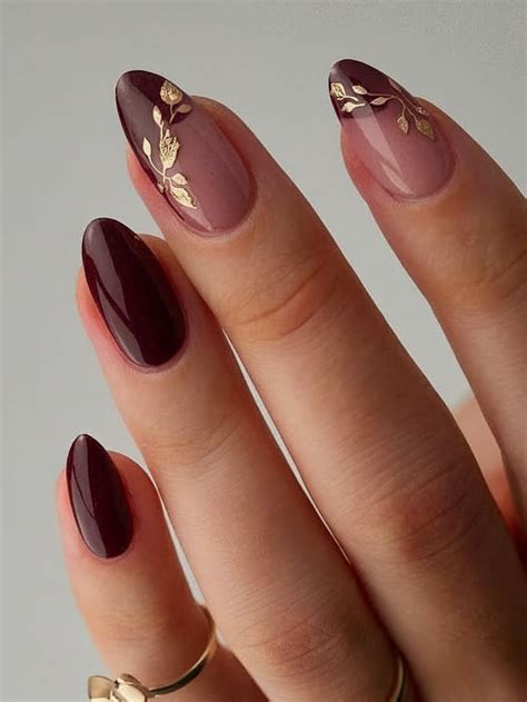 almond nails  flowers maroon  gold nails dark red  gold