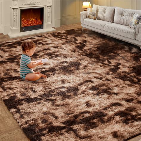 Fluffy Shag Area Rugs for Bedroom, 5x7 Ft Tie-Dyed Coffee Upgrade Anti