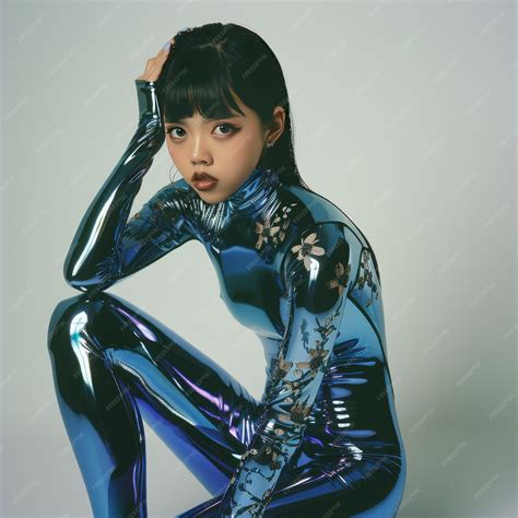 Young asian woman in blue latex costume posing on grey studio