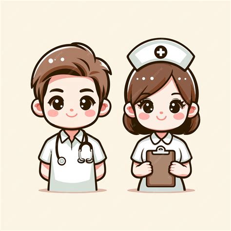 Cute male and female nurse characters in simple minimalist cartoon