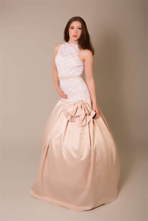 Very elegant drop waist MAJ Designs bridal ball gown with champagne