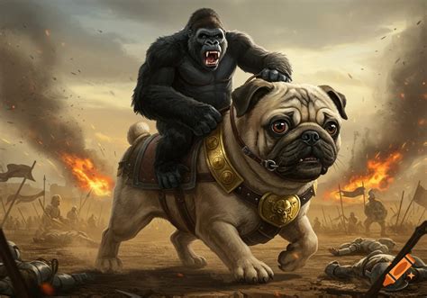 Muscular gorilla rides a giant pug into battle amidst chaos and fire