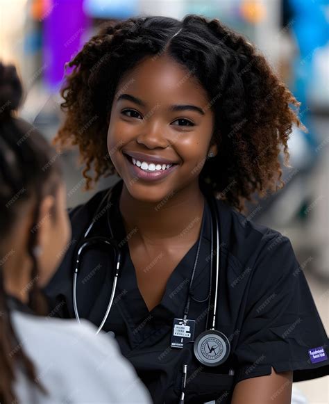 Black nurse in the hospital beaming and smiling tending to a teenager