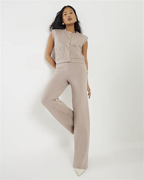 petite beige wide leg knitted trousers river island