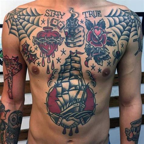 Old school style colored whole chest tattoo of various pictures and ...