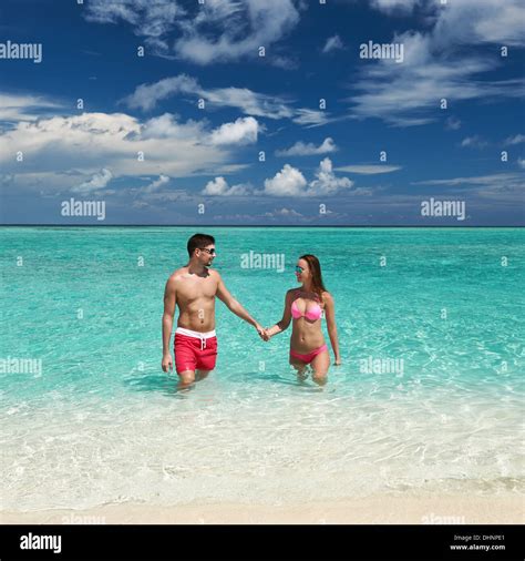 couple   beach  maldives stock photo alamy