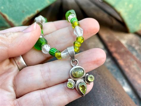 Vintage Sterling Silver Peridot Pendant on Trade Bead Necklace Approx