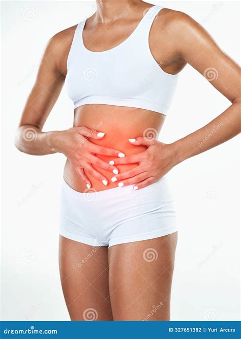 Woman, Stomach and Red Pain in Studio, Underwear and Healthcare