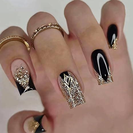 Amazon.com: Acrylic Square Press on Nails Medium Length Black Fake ...