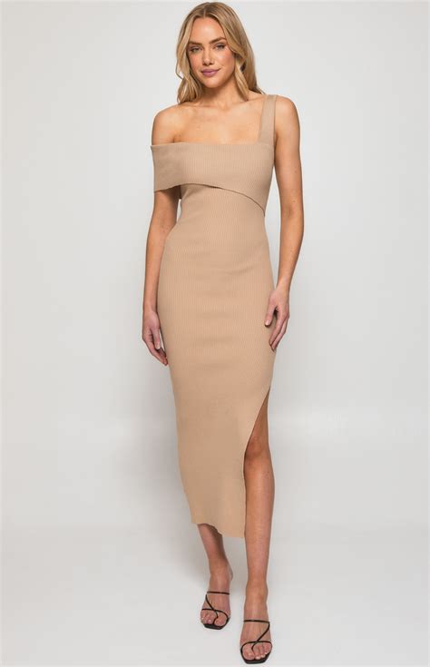 Knit Dress with Asymmetric One Shoulder Neckline (SKN655) | Style State