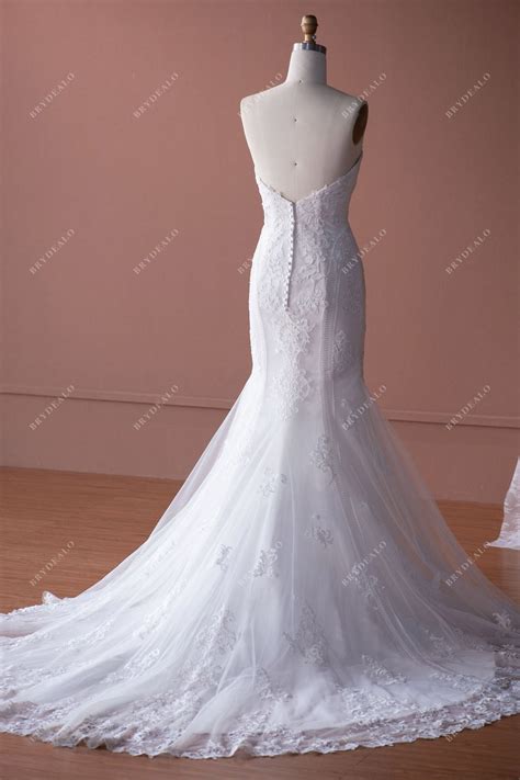 Elegant Strapless Lace Mermaid Designer Long Train Wedding Dress | Brydealo