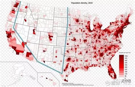 美国也有类似中国胡焕庸线的人口分界线，从下面人口密度图可以看到，大致把美国本土地图从中间分开，再划掉西海岸狭窄的沿海平原... - 雪球