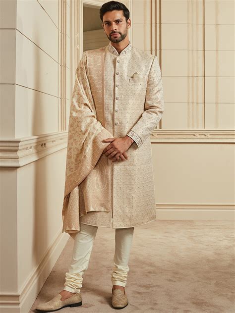 buy tasva men gold colured woven design pearl embroidered brocade