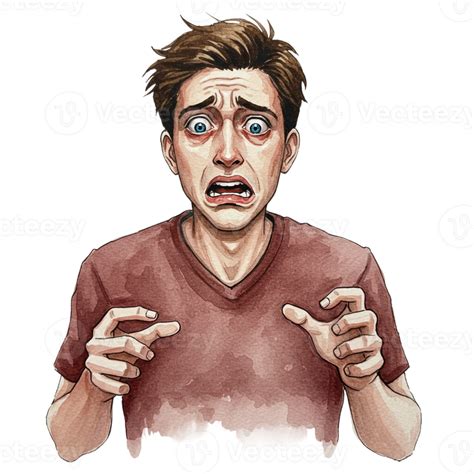 Terrified Young Man Watercolor Portrait Intense Fear Expression Shock