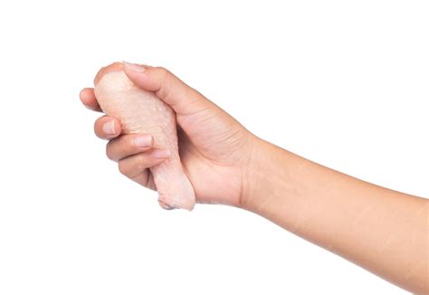premium photo hand holding raw chicken meat isolated  white background