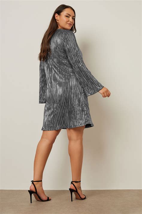 YOURS Curve Silver Metallic Plisse Dress | Yours Clothing
