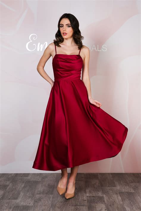 Ruched Bodice Satin Tea-Length Gown - Emma Bridals