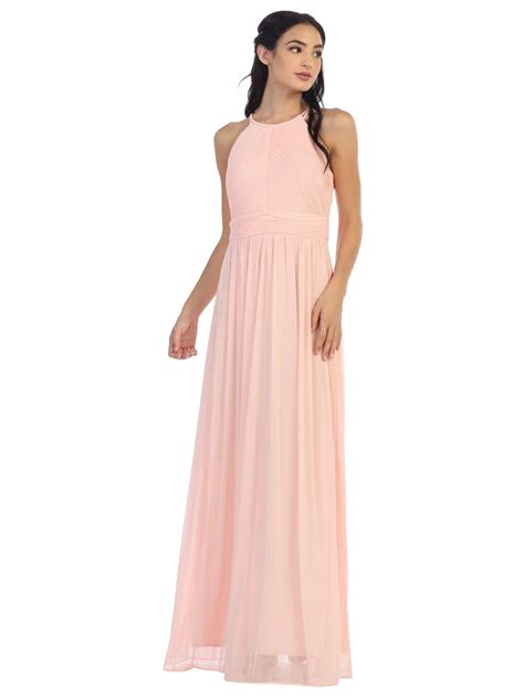 Blush Long Halter Bridesmaid Pleated Dress - Formal Dresses & Gowns