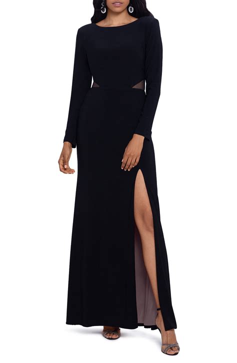 Xscape Long Sleeve Gown In Black/nude - Black/ Nude | Editorialist