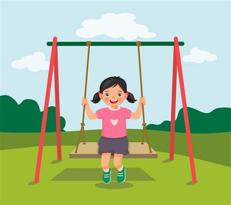 cute  girl swinging   fun  rope wooden swing