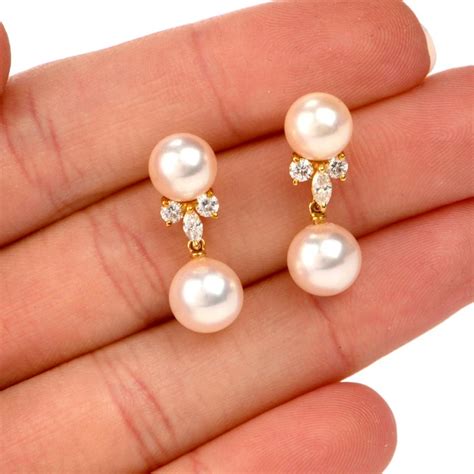 mikimoto akoya pearl diamond gold drop earrings  sale  stdibs