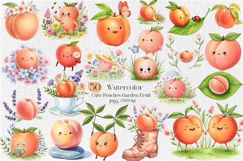 Watercolor Cute Peaches Garden Fruit Png Graphic by Creative Art