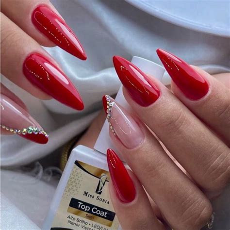 Postiça Realista Vermelha - unha amendoada postiça realista almond vermelha com strass pronta para ...