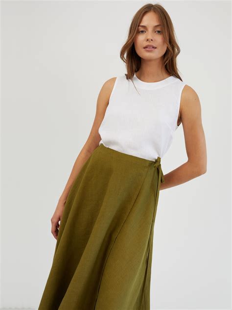 Linen Wrap Midi Skirt in Moss Green KENZIE