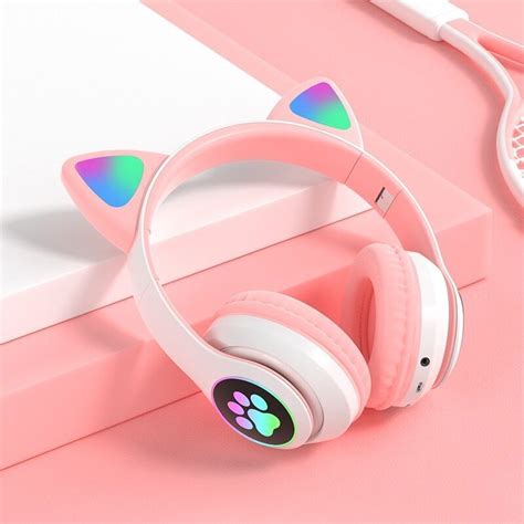 Кошачьими ушками Беспроводной наушники Bluetooth 5,0 RGB наушники Bass ...