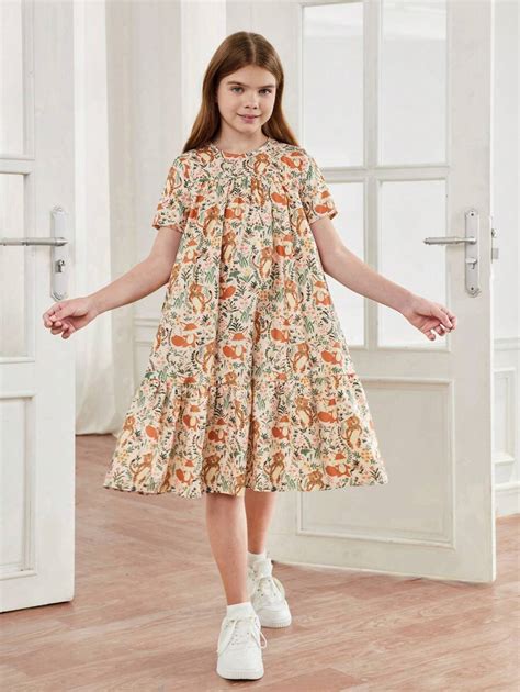 SHEIN DRMZ Tween Girl Floral Tween Girl Loose Casual Round Neck Short