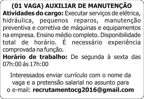 Jornal Meu Emprego - MS - Vaga - (01 VAGA) AUXILIAR DE MANUTENÇÃO