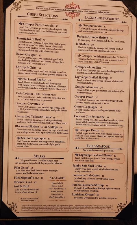 Menu at Louisiana Lagniappe restaurant, Destin