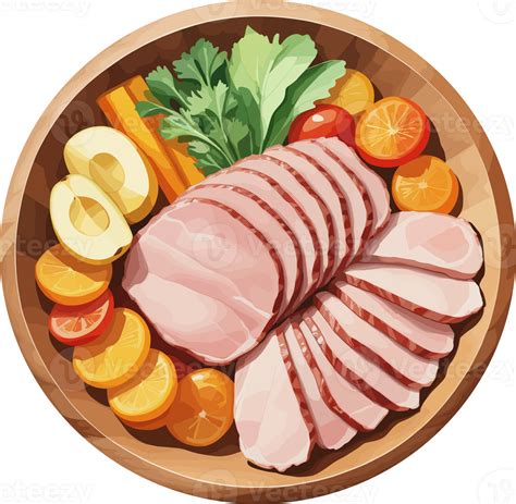 Pork slices and vegetables in wooden plate cartoon clipart for