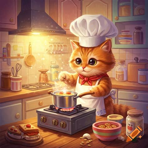 A cute orange cat wearing a chef hat and apron cooks in a kitchen. on