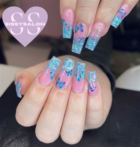 French nails blue butterfly